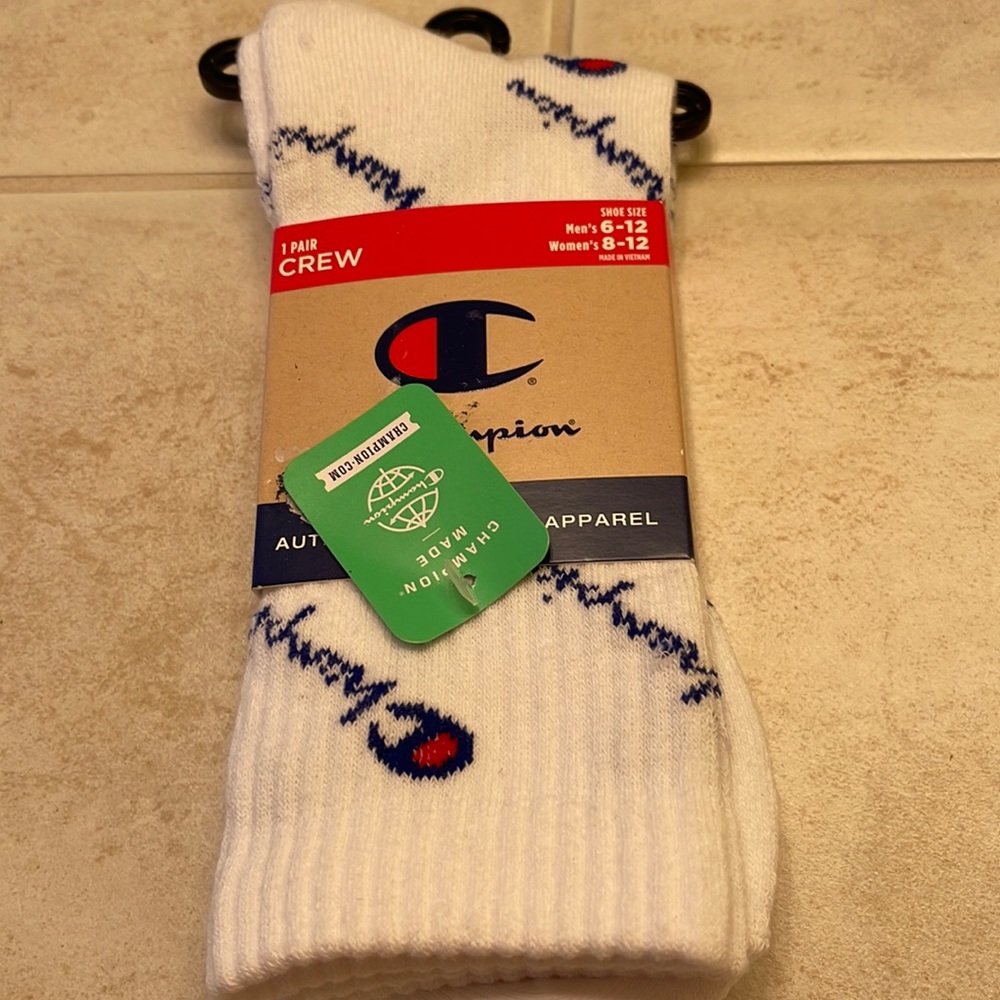 Champion Crew Socks All Over Script Mens Size 6-12 White